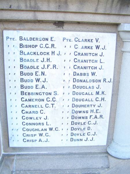 E.   BALDERSON  | C.G.R. BISHOP  | H.J. BLACKLOCK  | J.H. BOADLE  | J.F.R. BOADLE  | E.N. BUDD  | W.J. BUDD  | E.A. BUDD  | S.   BEBBINGTON  | G.C. CAMERON  | C.T. CARNELL  | C.   CHARD  | J.   COWLEY  | L.   CONNORS  | W.C. COUGHLAN  | W.G. CRISP  | A.J. CRISP  | V.   CLARKE  | W.J. CLARKE  | J.   CRANITCH  | L.   CRANITCH  | J.   CRANITCH  | W.   DABBS  | R.J. DONALDSON  | J.   DOUGLAS  | M.K. DOUGALL  | G.H. DOUGHALL  | J.   DOUHERTY  | H.E. DOWNS  | F.A.R.DOWNS  | C.J. DOYLE  | D.   DOYLE  | C.J. DOYLE  | J.J. DUNN  | World War I Memorial in War memorial Allora, Warwick  | 