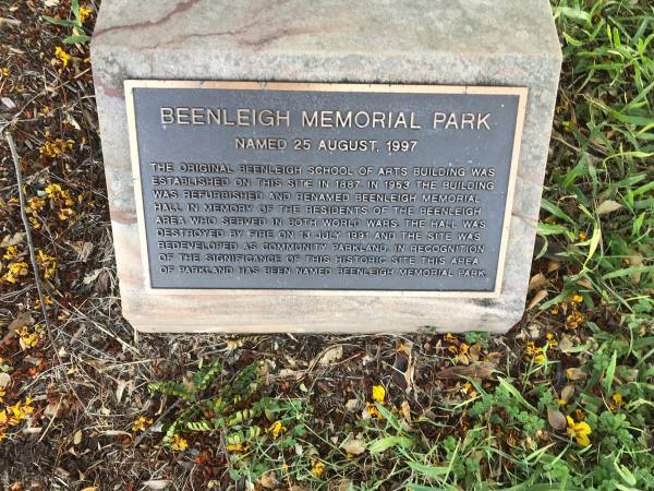   | Beenleigh World War I memorial  |   | Beenleigh Memorial Park  |   |   | 