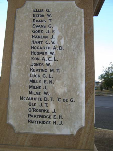 G.   ELLIS  | W.   ELTON  | T.   EVANS  | G.   EVANS  | J.F. GORE  | J.   HANLON  | C.V. HART  | A.D. HOGARTH  | W.   HOOPER  | A.C.L. ISON  | W.   JONES  | M.T. KEATING  | G.L. LUCK  | E.N. MILLS  | J.   MILNE  | W.   MILNE  | D.T. McAULIFFE  | J.T. OLE  | J.   O'ROURKE  | E.H. PARTRIDGE  | H.J. PARTRIDGE  | Cambooya War Memorial  |   | 