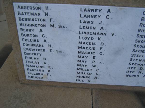 H.   ANDERSON  | N.   BATEMAN  | F.   BEBBINGTON  | M.   BEBBINGTON  | A.   BERRY  | G.   BURTON  | A.   COLLINS  | H.   COCHRANE  | E.   CROWTHER  |      DOHERTY  | B.   FINLAY  | R.   FINLAY  | K.   HAWKINS  | H.   HESSLER  | F.   KILLORN  | L.   KRUGER  | A    LARNEY  | C.   LARNEY  | J.   LAWS  | A.   LEMON  | V.   LINDEMANN  | K.   LLOYD  | D.   MACKIE  | F.   MACKIE  | G.   MACKIE  | E.   MAY  | R.   MAY  | W.   MAY  | C.   MILLER  | G.   MILLER  | A.   MUNRO  | R.   OLE  | Cambooya War Memorial  |   | 