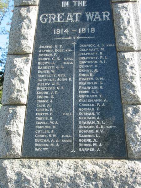 Great War 1914-1918  |   | ADAMS R T  | ALFORD  Robt (K in A)  | ADKINS F  | BLUNT C H  (K in A)  | BLUNT J (K in A)  | BARRETT J G  | BUNCH W  | BARTLETT Geo  | BARTELS John E  | BIRLEY W H  | BINSTEAD G F  | CRONK J F  | CRONK G  | CRONK J  | CAVE A  | CURTIS E  | CURTIS F (K in A)  | CURTIS H  | CAVELL W J  | COWLING H  | CUTLER J  | COOKE H W (K in A)  | DUNCAN A A (Gassed)  | DUNCAN M J  | DAY Wm  | DERRICK J S (K in A)  | DELPRATT M  | DELPRATT B  | DELPRATT R L  | DAVIDSON R I  | DENNY K  | DENNY R  | DOIG H  | FRASER D M  | FRANKLIN S  | FRANKLIN G  | FINCH G L  | GODDARD T  | GEISSMANN A  | GORMAN P J  | GORMAN T  | GORMAN W  | GRAHAM A  | GRAHAM S L  | HOWARD S R (D of W)  | HOWARD H V  | HANNAH L  | HORNE A  | HORNE M J  | HARPER J  |   | Canungra War Memorial  | 