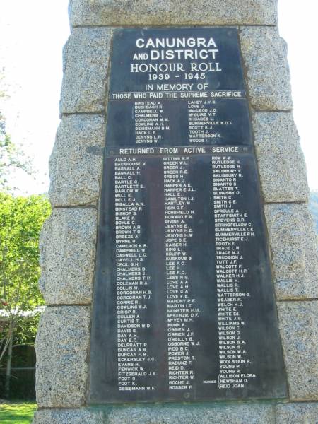 Canungra and District Honour roll 1939-1945  | (in memory of those who paid the supreme sacrifice)  | BINSTEAD A  | BUCHBACH R  | CAMPBELL W  | CHALMERS I  | CORCORAN M M  | COWLING A H  | GEISSMANN B M  | HACK L F  | JENYNS L R  | JENYNS W  | LAHEY J V S  | LOVE J  | MacLEOD J D  | McGUIRE V T  | RHOADES L  | SUMMERVILLE K O T  | SCOTT K J  | TOOTH J  | WATTERSON K  | WOODS I  |   | (returned from active service)  | AULD A H  | BACKHOUSE V  | BAGNALL A  | BAGNALL H  | BALL C  | BARTLE G  | BARTLETT E  | BARLOW W  | BELL E  | BELL E J  | BIGALLA A N  | BINSTEAD R  | BISHOP S  | BLAKE F  | BOYLE C  | BROWN A R  | BROWN T G  | BREEZE A  | BYRNE G  | CAMERON K B  | CAMPBELL W  | CASWELL L C  | CAVELL H S  | CECIL G H  | CHALMERS B  | CHALMERS J  | CHALMERS T H  | COLEMAN R A  | COLLIN W  | CORCORAN H S  | CORCORAN T J  | CORRIE R  | COWLING W J  | CRISP R  | CULLEN A  | CURTIS T  | DAVIDSON W D  | DAVIS S  | DAY A H  | DAY E C  | DELPRATT P  | DUNCAN A R  | DUNCAN F M  | ECKERSLEY J C  | EVANS R  | FENWICK W  | FITZGERALD J E  | FOOT G  | FOOT K  | GEISSMANN W F  | GITTINS R P  | GREEN W L  | GREEN J  | GREEN R E  | GREGG H  | HACK A J  | HARPER A E  | HARPER E J L  | HALL E  | HAMILTON I J  | HARTLEY M  | HEIN C F  | HORSFIELD H  | HOWARD E K  | IRVINE A  | JENYNS E  | JENYNS H E  | JENYNS H W  | JOPE S E  | KAISER H  | KING L  | KRUPP W  | KUSKOUS G  | LEE F C  | LEE H  | LEE R C  | LEES N G  | LOVE A A  | LOVE C A  | LOVE F E  | MAHONY P F  | MARTIN I T  | MUNSTER H M  | McKENZIE D F  | McVEY M H  | NUNN A  | O'BRIEN J  | O'BRIEN J F  | O'REILLY B  | OSBORNE W J  | PIDD B C  | POWER J  | PRESTON T  | RADUNZ F  | REID D  | RICHTER R  | RICHTER W  | ROCHE J  | ROSSER P  | ROW W W  | RUTLEDGE H  | RUTLEDGE N  | SALISBURY F  | SALISBURY R  | SIGNATO R  | SIGNATO S  | SLATTER T  | SLINGSBY O  | SMITH C  | SMITH C E  | SMITH J  | SPROULE A  | STAFFSMITH E  | STEVENS C R  | STRINGFELLOW C  | SUMMERVILLE C E  | SUMMERVILLE P H  | TICEHURST E J  | TOOTH F  | TRACE L R  | TRACE N J  | WALCOTT F  | WALCOTT H P  | WALKER H J  | WALLIS H  | WALLIS R  | WALLIS T  | WATTERSON G  | WEABER R  | WELCH H J  | WHITE W  | WHITE Ed  | WHITE J G  | WILLIAMS W  | WILSON C  | WILSON D  | WILSON J  | WILSON S A  | WILSON S  | WILSON W A  | WILSON W  | WOOLSTEIN R  | YOUNG P  | YOUNG R  | ALLISON Flora (nurse)  | NEWSHAM D (nurse)  | REID Joan (nurse)  |   | Canungra War Memorial  | 