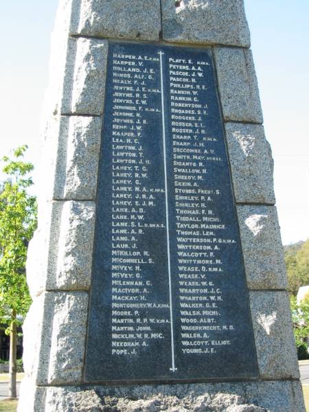 Great War 1914-1918  |   | HARPER A E (K in A)  | HARPER V  | HOLLAND J E  | HINDS Alf G  | HEALY F J  | JENYNS J E (K in A)  | JENYNS R S  | JENYNS E W  | JENNINGS F (K in A)  | JEROME H  | JOYNES J B  | KEMP J W  | KAAPER F  | LEA H C  | LAWTON J  | LAWTON T  | LAWTON J H  | LAHEY T G  | LAHEY R W  | LAHEY G  | LAHEY N A (K in A)  | LAHEY J R A  | LAHEY E J M  | LAKE A D  | LANE H W  | LANE S L (D on A S)  | LANE A R  | LANG A  | LAUB J  | McKILLOP N  | McCONNELL S  | McVEY H  | McVEY G  | McLENNAN G  | MACIVOR A  | MACKEY H  | MONTGOMERY W A (K in A)  | MOORE P  | MARTIN R P W (K in A)  | MARTIN John  | NICKLIN W R McC  | NEEDHAM A  | POPE J  | PLATT E (K in A)  | PETERS A A  | PASCOE J W  | PASCOE H  | PHILLIPS N E  | RANKIN W  | RANKIN G  | ROBERTSON J  | RHOADES S E  | RODGERS J  | ROSSER S L  | ROSSER J H  | SHARP T (K in A)  | SHARP J M  | SECCOMBE A V  | SMITH May (nurse)  | SIGANTO R  | SWALLOW H  | SHEEDY M  | SKEIN A  | STUBBS Fred SSHIRLEY P A  | SHIRLEY H  | THOMAS F N  | TISDALL MichL.  | TAYLOR Maurice  | THOMAS Len  | WATTERSON P G (K in A)  | WATTERSON A  | WALCOTT F  | WHITTMORE M  | WEASE O (K in A)  | WEASE V  | WEASE W G  | WHARTON J C  | WHARTON W H  | WALKER G E  | WALSH Michl  | WOOD Albt  | WAGERKNECHT H O  | WALSH A  | WALCOTT Elliot  | YOUNG J E  |   | Canungra War Memorial  | 