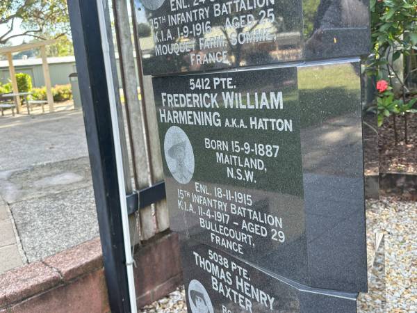 Frederick William HARMENING (aka HATTON)  | b: 15 Nov 1887, Maitland, NSW  | enl: 18 Nov 1915  | KIA 11 Apr 1917, aged 29, Bullecourt, France  |   | Dayboro War memorial  | 