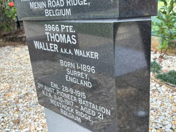 Thomas WALLER (aka WALKER)  | b: 1-1896, Surrey, England  | enl: 28 Sep 1915  | KIA 11 Oct 1917 aged 21, Westhoek ridge, Belgium  |   | Dayboro War memorial  | 