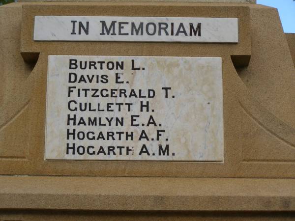 L.   BURTON  | E.   DAVIS  | T.   FITZGERALD  | H.   GULLETT  | E.A. HAMLYN  | A.F. HOGARTH  | A.M. HOGARTH  | Greenmount War Memorial  | 