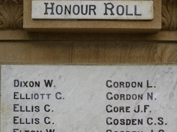 W.   DIXON  | G.   ELLIOTT  | C.   ELLIS  | G.   ELLIS  | W.   ELTON  | L.   GORDON  | N.   GORDON  | J.F. GORE  | C.S. GOSDEN  | Greenmount War Memorial  | 