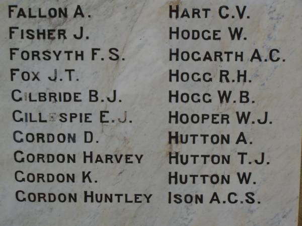 A.   FALLON  | J.   FISHER  | F.S. FORSYTH  | J.T. FOX  | B.J. GILBRIDE  | E.J. GILLESPIE  | D.   GORDON  | HARVEY GORDON  | K. GORDON  | HUNTLEY GORDON  | C.V. HART  | W.   HODGE  | A.C. HOGARTH  | R.H. HOGG  | W.B. HOGG  | W.J. HOOPER  | A.   HUTTON  | T.J. HUTTON  | W.   HUTTON  | A.C.S. ISON  | Greenmount War Memorial  | 