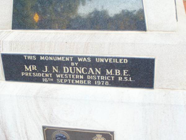 (unveiled by) J N Duncan  | Helidon War Memorial  |   | 