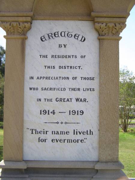 Erected by the residents of this district in appreciation of those who sacrificed their lives in the Great War 1914-1919.  | Kandanga War Memorial  |   | 