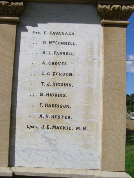 C CAVANAGH  | D McCONNELL  | R L FARRELL  | A   GROVES  | C G GORDON  | T J HIGGINS  | F   HARRISON  | A H HESTER  | J E MACKIE M.M.  | Kandanga War Memorial  |   | 