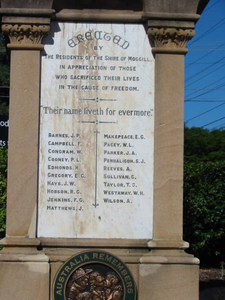 Barnes, J P  | Campbell, F  | Congram, W  | Cooney, P L  | Edmonds, H  | Gregory, E G  | Hays, J W  | Hobson, R G  | Jenkins, F G  | Matthews, J  | Makepeace, E G  | Pacey, W L  | Parker, J A  | Penhaligon, S J  | Reeves, A  | Sullivan, G  | Taylor, T G  | Westaway, W H  | Wilson, A  |   | Kenmore (Moggill district) War Memorial  | 