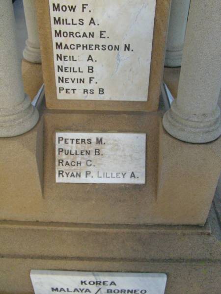   | F MOW  | A MILLS  | E MORGAN  | N MACPHERSON  | A NEILL  | B NEILL  | F NEVIN  | B PETERS  |   | M PETERS  | B PULLEN  | C RACH  | P RYAN  | A LILLEY  |   | Killarney War Memorial - Warwick Shire  | 