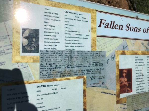 Percy William COCHRAN  | lived Maroon, Ipswich  | age enlisted 24y 0m  | date enlisted 6 Apr 1915  | died 29 Jul 1916 France  | Father J Cochran (Maroon)  |   | Maroon War Memorial  |   |   | 