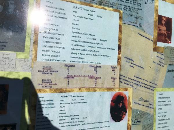 Thomas Jackson DAVID  | lived Maroon  | age enlisted 30y 4m  | Date enlisted 9 May 1916  | d 11 Sep 1917  | mother Agmes David (Maroon)  |   | Maroon War Memorial  |   |   | 