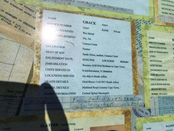 James GRACE  | lived Cannon Creek  | age enlisted 20y 3 mo  | date elisted 2 Feb 1916  | d 11 Jun 1917, South Africa  | mother Sarah Grace (Cannon Creek)  |   | Maroon War Memorial  |   |   | 