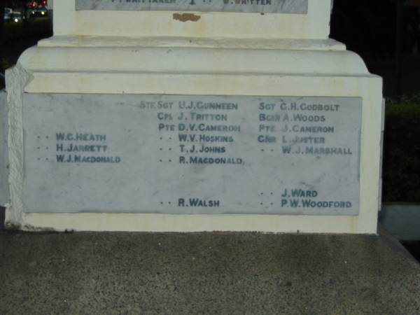 J J Gunneen  | G H Godbolt  | J Tritton  | A Woods  | D V Cameron  | J Cameron  | W C Heath  | W V Hoskins  | L Juster  | H Jarrett  | T J Johns  | W J Marshall  | W J MacDonald  | R MacDonald  | J Ward  | R Walsh  | P W Woodford  |   | Mowbray Park, East Brisbane  |   | 