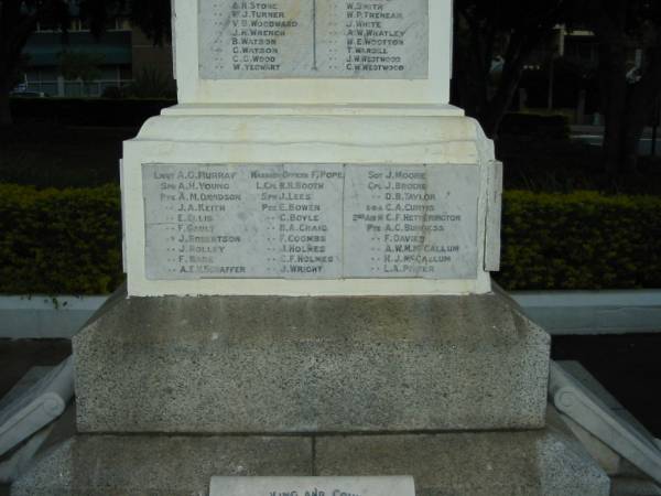 A G Murray  | A H Young  | A M Davidson  | J A Keith  | E Ellis  | F Gault  | J Robertson  | J Rolley  | F Ware  | A E V Schaffer  | F Pope  | R H Booth  | J Lees  | E Bowen  | C Boyle  | N A Craig  | F Coombs  | J Holmes  | C F Holmes  | J Wright  | J Moores  | J Brodie  | D B Taylor  | C A Curtis  | C F Hetherington  | A C Burgess  | F Davies  | A W M McCallum  | H J McCallum  | L N Pitter  |   | Mowbray Park, East Brisbane  |   | 