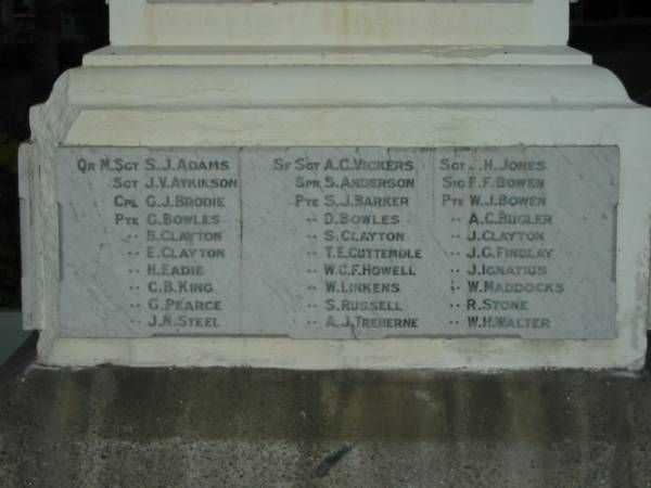 S J Adams  | J V Atkinson  | G J Brodie  | G Bowles  | B Clayton  | E Clayton  | H Eadie  | C B King  | G Pearce  | J N Steel  | A C Vickers  | S Anderson  | D Bowles  | C Clayton  | T E Cuttlemole  | W C F Howell  | W Linkens  | S Russell  | A J Trenerne  | H Jones  | F F Bowen  | W J Bowen  | A C Bugler  | J Clayton  | J G Findlay  | J Ignatius  | W Maddocks  | R Stone  | W H Walter  |   | Mowbray Park, East Brisbane  |   | 