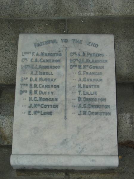 F A Manders  | C A Cameron  | T J Anderson  | A J Isbell  | D A Murray  | H W Cameron  | R W Duffy  | H C Morgan  | J McCotter  | E McLune  | A D Peters  | J L Klassen  | W McGowan  | G Francis  | A Graham  | H Hunter  | T Lillie  | D Ormiston  | A G Ormiston  | J W Ormiston  |   | Mowbray Park, East Brisbane  |   | 