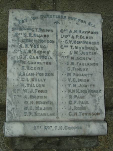 A H Hislop  | E Scott-Hobson?  | N H Young  | L B Brown  | G F Cantrell  | N Charlton  | E Egert  | J Alan-Hobson  | C L Kelly  | R Tallon  | W J Ford  | A Brown  | W H Brown  | W F Major  | T P Scanlan  | A H Raymond  | A P Blair  | C V Nommensen  | T Marshall  | L M Juster  | W Agnew  | E B Faulkner  | C Finlay  | M Fogarty  | V C Irish  | T N Jowitt  | W McLeod Hurst  | R Paul  | J Robb  | C H Townson  | F H Cooper  |   | Mowbray Park, East Brisbane  |   | 
