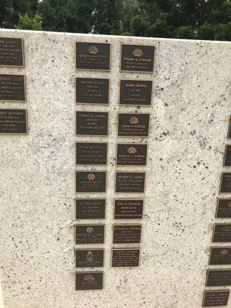 Edwin BAVISTER  |   | Frank S PIGRAM  |   | Walter CHALK  |   | Hugh DENNIS  |   | Thomas A HAMBLY  |   | John F PIGRAM  |   | Frank MITCHELL  |   | Harold J PIGRAM  |   | Arthur NEDEN  |   | George C LOWES  |   | Alfred PEDLEY  |   | Eric E STEVENS  |   | Frederick H HART  |   | Kathleen E STEVENS  |   | Michael MANGAN  |   | Joseph GREER  |   | Jim CORBUTT  | (kia Belgium 5 Oct 1917)  |   |   | Redbank Memorial Park  |   |   | 