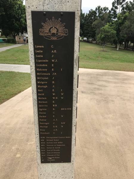 LAWSON C  | LESLIE A E  | LESLIE J  | LIPSCOMBE W J  | LUMSDEN E  | MAHONEY E  | McCORMACK J P  | McCRYSTAL J  | MULGREW H  | MURTAGH J  | NEIL E  | NEILD W  | NEILSON W H  | NORMAN E  | OELRICHS H B  | OGILVIE R  | OWENS C  | PACKER E  | PEDLEY A J  | PETTINGER C  | PHILLIPS R K  | POWE A E  | PRITCHARD C  |   | Redbank Memorial Park  |   |   | 