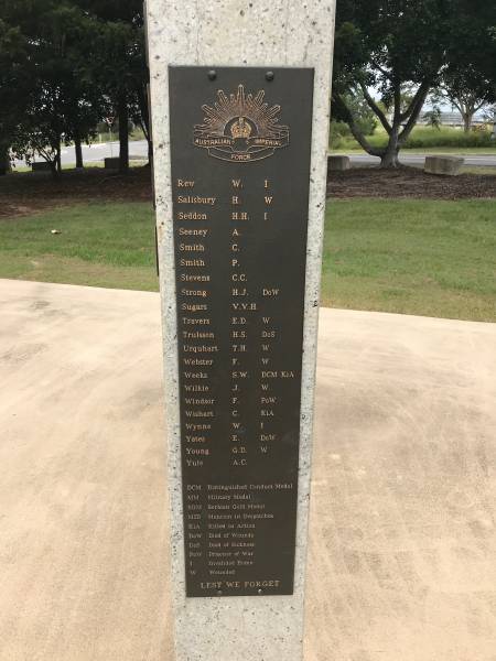 REW W  | SALISBURY H  | SEDDON H H  | SEENEY A  | SMITH C  | SMITH P  | STEVENS C C  | STRONG H J  | SUGARS V V H  | TRAVERS E D  | TRULSSON H S  | URQUHART T H  | WEBSTER F  | WEEKS S W  | WILKIE J  | WINDSOR F  | WISHART C  | WYNNE W  | YATES E  | YOUNG G D  | YULE A C  |   | Redbank Memorial Park  |   |   | 