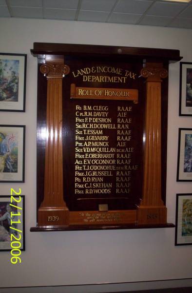 B.M. CLEGG;  | R.M. DAVEY;  | F.P. DESHON;  | R.C.H. DODWELL;  | T. ESSAM;  | J. GILVARRY;  | A.P. MUNCK;  | V.D. MCQUILLAN;  | E.V. O'CONNOR;  | T.J. O'DONOHUE;  | J.G. RUSSELL;  | R.D. RYAN;  | C.J. SKEHAN;  | R.D. WOODS;  | Tax Office, corner Ann & Creek Streets, Brisbane  |   | 