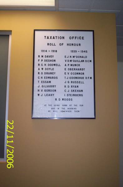 R.M. DAVEY;  | F.P. DESHON;  | R.G.H. DODWELL;  | A.W. DOYLE;  | R.O. DRANEY;  | C.H. EDWARDS;  | T.ESSAM;  | J. GILVARRY;  | H.V. GORDON;  | W.J. LEAHY;  | E.J.N. MCDONALD;  | V.D. MCQUILLAN;  | A.P. MUNCK;  | E. OBERHARDT;  | E.V. O'CONNOR;  | T.J. O'DONOHUE;  | J.G. RUSSELL;  | R.D. RYAN;  | C.J. SKEHAN;  | I. STEINBERG;  | R.D. WOODS;  | Tax Office, corner Ann & Creek Streets, Brisbane  |   | 
