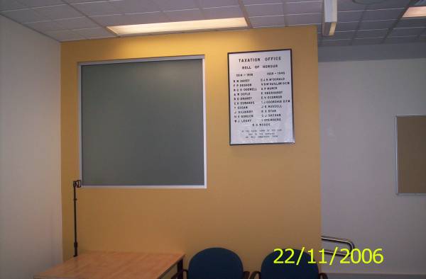 R.M. DAVEY;  | F.P. DESHON;  | R.G.H. DODWELL;  | A.W. DOYLE;  | R.O. DRANEY;  | C.H. EDWARDS;  | T.ESSAM;  | J. GILVARRY;  | H.V. GORDON;  | W.J. LEAHY;  | E.J.N. MCDONALD;  | V.D. MCQUILLAN;  | A.P. MUNCK;  | E. OBERHARDT;  | E.V. O'CONNOR;  | T.J. O'DONOHUE;  | J.G. RUSSELL;  | R.D. RYAN;  | C.J. SKEHAN;  | I. STEINBERG;  | R.D. WOODS;  | Tax Office, corner Ann & Creek Streets, Brisbane  |   | 