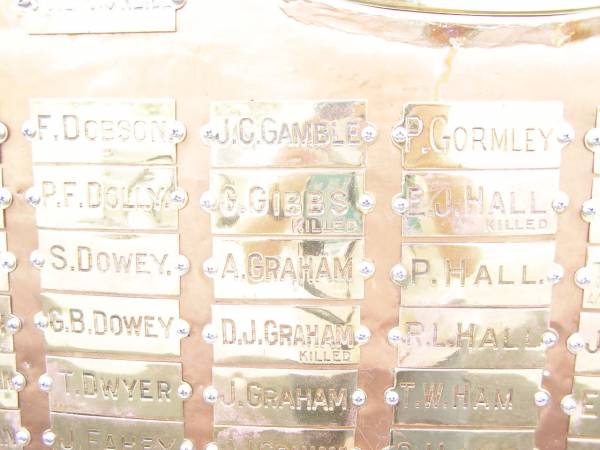 F   DOBSON  | P F DOLLY  | S   DOWEY  | G B DOWEY  | T   DWYER  | J   FAHEY  | J C GAMBLE  | G   GIBBS  | A   GRAHAM  | D J GRAHAM  | J   GRAHAM  | P   GORMLEY  | E J HALL  | P   HALL  | R L HALL  | T W HAM  |   | War Memorial Hall Warra, Wambo Shire  |   | 