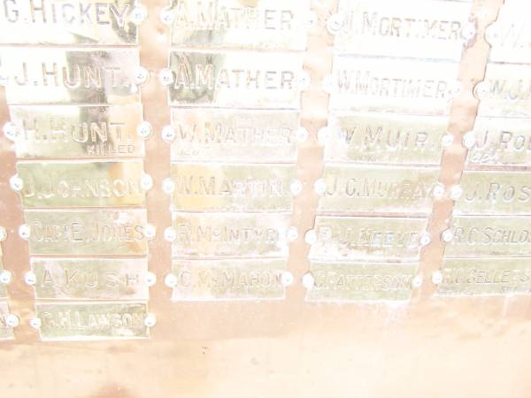G   HICKEY  | J   HUNT  | H   HUNT  | J   JOHNSON  | E   JONES  | A   KUSH  | G H LAWSON  | A   MATHER  | A   MATHER  | W   MATHER  | W   MARTIN  | R   McINTYRE  | C   McMAHON  | J   MORTIMER  | W   MORTIMER  | W   MUIR  | J C MURRAY  | R J NEEVE  | C   PATTERSON  |   | War Memorial Hall Warra, Wambo Shire  | 