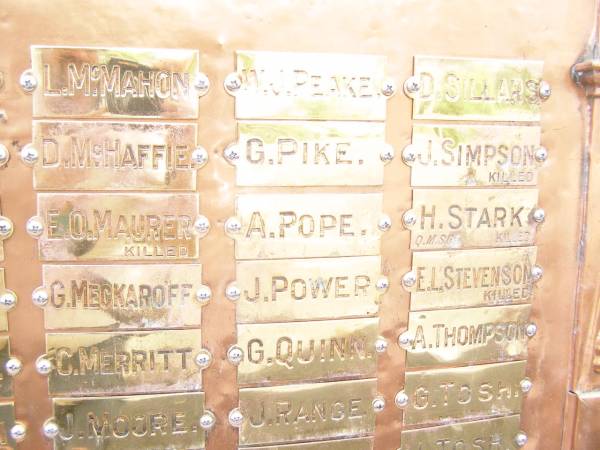 L   McMAHON  | D   McHAFFIE  | E O MAURER  | G   MECKAROFF  | C   MERRITT  | J   MOORE  | W J PEAKE  | G   PIKE  | A   POPE  | J   POWER  | G   QUINN  | J   RANGE  | D   SILLARS  | J   SIMPSON  | H   STARK  | E L STEVENSON  | A   THOMPSON  | G   TOSH  |   | War Memorial Hall Warra, Wambo Shire  | 