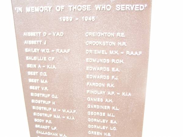 In memory of those who served 1939 - 1945  |   | AISBETT D  | AISBETT J  | BAILEY W G  | BALSILLIE G F  | BEIN A  | BEST D G  | BEST M A  | BEST V R  | BIDSTRUP C J  | BIDSTRUP H  | BIDSTRUP M  | BIDSTRUP N M  | BODY F G  | BRANDT L P  | CALLAGHAN W A  | CHASE W F  | CHARLES A D  | CLARK G I  | CLYNE L G  | CONNELL J M  | CONNELL R J  | CONWAY D A  | COOPER J  | COSS M  | COUGHMAN E E  |   | CREIGHTON R E  | CROOKSTON H R  | DRIEMEL M H  | EDMUNDS R C H  | EDWARDS E A  | EDWARDS F J  | FARDON R K  | FINDLAY A P  | GAMES A H  | GARDINER K L  | GEORGE M L  | GORMLEY E A  | GORMLEY L C  | GREEN H S  | GRIFFITH S  | HALL G M  | HALL W H  | HARS K F  | HICKEY D  | HILL E A  | HILL G W  | HOLDEN A  | HUNT J P  | HURSE A G  |   | War Memorial Hall Warra, Wambo Shire  |   | 