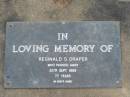 
Reginald S DRAPER
20 Sep 1989
aged 77

Albany Creek Cemetery, Pine Rivers

