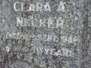 Wilhelm F.C. NECKER, husband father,
died 28 June 1974? aged 88 years;
Clara A. NECKER, wife mother,
died 12 Sept 1948? aged 60 years;
Alberton Cemetery, Gold Coast City