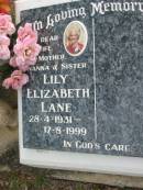 Lily Elizabeth LANE,
wife mother nanna sister,
28-4-1931 - 17-8-1999;
Alberton Cemetery, Gold Coast City
