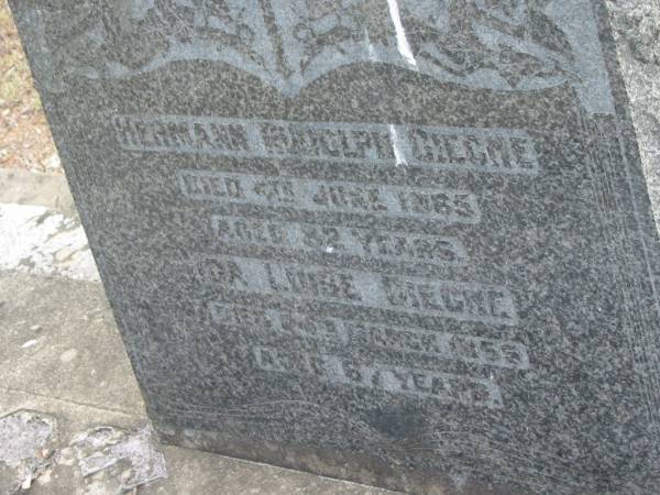 Hermann Rudolph GIECHE,  | died 4 June 1965 aged 82 years;  | Ida Luise GIECHE,  | died 24? March 1955 aged 67 years;  | Alberton Cemetery, Gold Coast City  | 