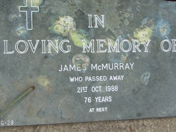 James MCMURRAY,  | died 21 Oct 1988 aged 76 years;  | Alberton Cemetery, Gold Coast City  | 