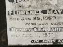 Florence May PERSKE,
wife mother,
died 25 Jan 1969 aged 80 years;
Henry Leonard PERSKE,
father,
died 11 Aug 1981 aged 92 years;
Appletree Creek cemetery, Isis Shire