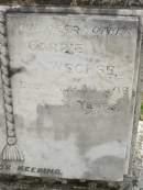 William Albert Carl WECHSEL,
husband father,
died 15 Jan 1957 aged 69 years;
Carrie WECHSE,
mother,
died 30 Aug 1966 aged 79 years;
Appletree Creek cemetery, Isis Shire