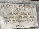 Laura MADLE,
mother,
died 25 July 1956 aged 75 years 9 months;
Appletree Creek cemetery, Isis Shire