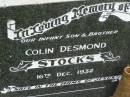 Colin Desmond STOCKS,
infant son & brother,
died 16 Dec 1932;
Appletree Creek cemetery, Isis Shire