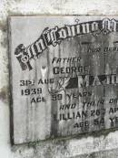 George MAJOR,
father,
died 31 Aug 1939 aged 59 years;
Anna MAJOR,
mother,
died 16 June 1965 aged 82 years;
Lillian,
daughter,
died 28 April 1971 aged 54 years;
Appletree Creek cemetery, Isis Shire