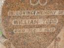 William TODD,
died 7 Dec 1939;
Anna Grace TODD,
died 16 April 1958;
Appletree Creek cemetery, Isis Shire
