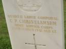 C.P. CHRISTIANSEN,
died 25 March 1951 aged 32 years,
loved by wife May & son Barry;
Appletree Creek cemetery, Isis Shire