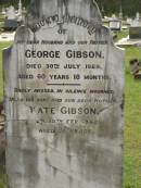 George GIBSON,
husband father,
died 30 July 1929 aged 60 years 10 months;
Kate GIBSON,
wife mother,
died 10 Feb 1942 aged 72 years;
Appletree Creek cemetery, Isis Shire
