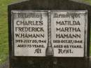 Charles Frederick W. HAMANN,
died 20 July 1946 aged 73 years;
Matilda Martha HAMANN,
died 27 Oct 1946 aged 68 years;
Appletree Creek cemetery, Isis Shire