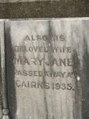 Archibald SPENCE,
died 29 July 1940 aged 62 years;
Mary Jane,
wife,
died Cairns 1935;
Appletree Creek cemetery, Isis Shire